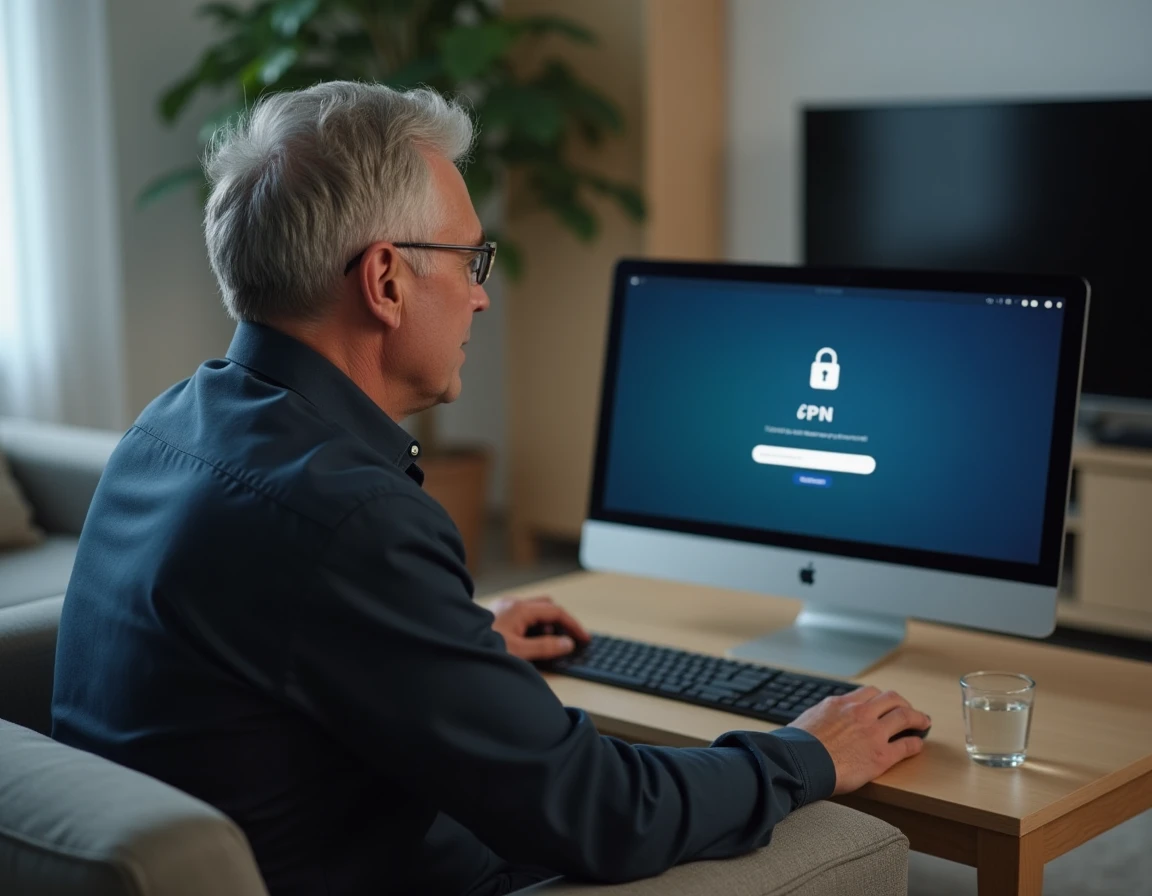 Homme accédant à GPNet AF depuis son salon avec un ordinateur de bureau en télétravail