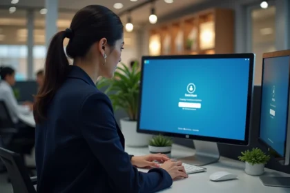 Employée RATP accédant à un portail intranet sur ordinateur de bureau en open space