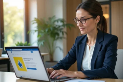 Femme professionnelle accédant au portail en ligne de La Poste sur un ordinateur portable au bureau