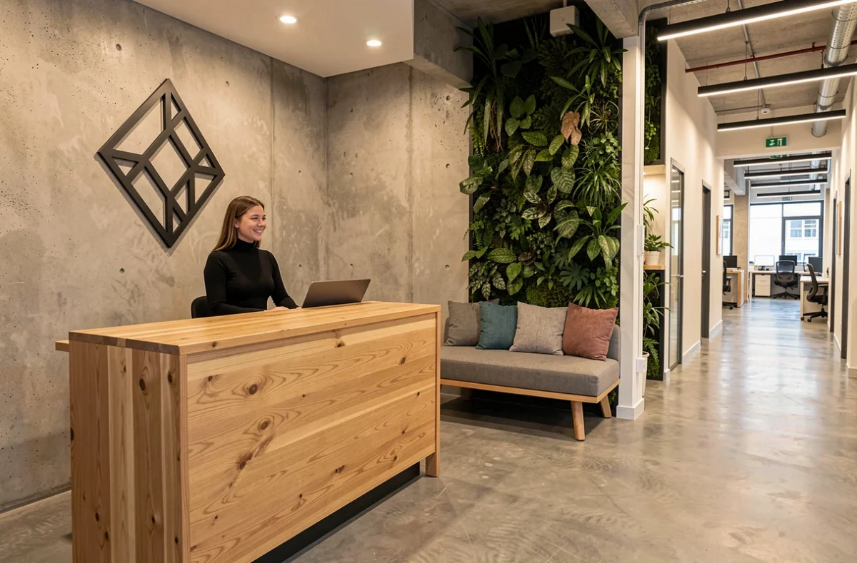 Accueil et entrée d'un espace de coworking professionnel à Saint-Herblain avec réceptionniste souriante