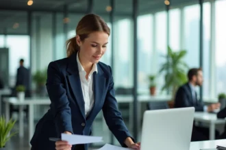 Femme cadre en blazer marine analysant des documents d'entreprise dans un bureau moderne avec vue sur la ville