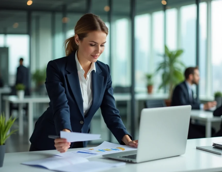 Femme cadre en blazer marine analysant des documents d'entreprise dans un bureau moderne avec vue sur la ville