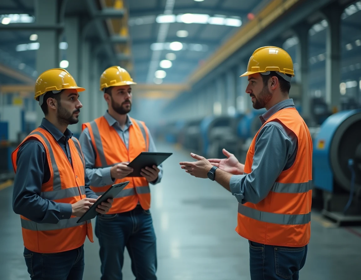 Responsable d'usine présentant les activités de production industrielle à ses collègues sur le sol d'une manufacture