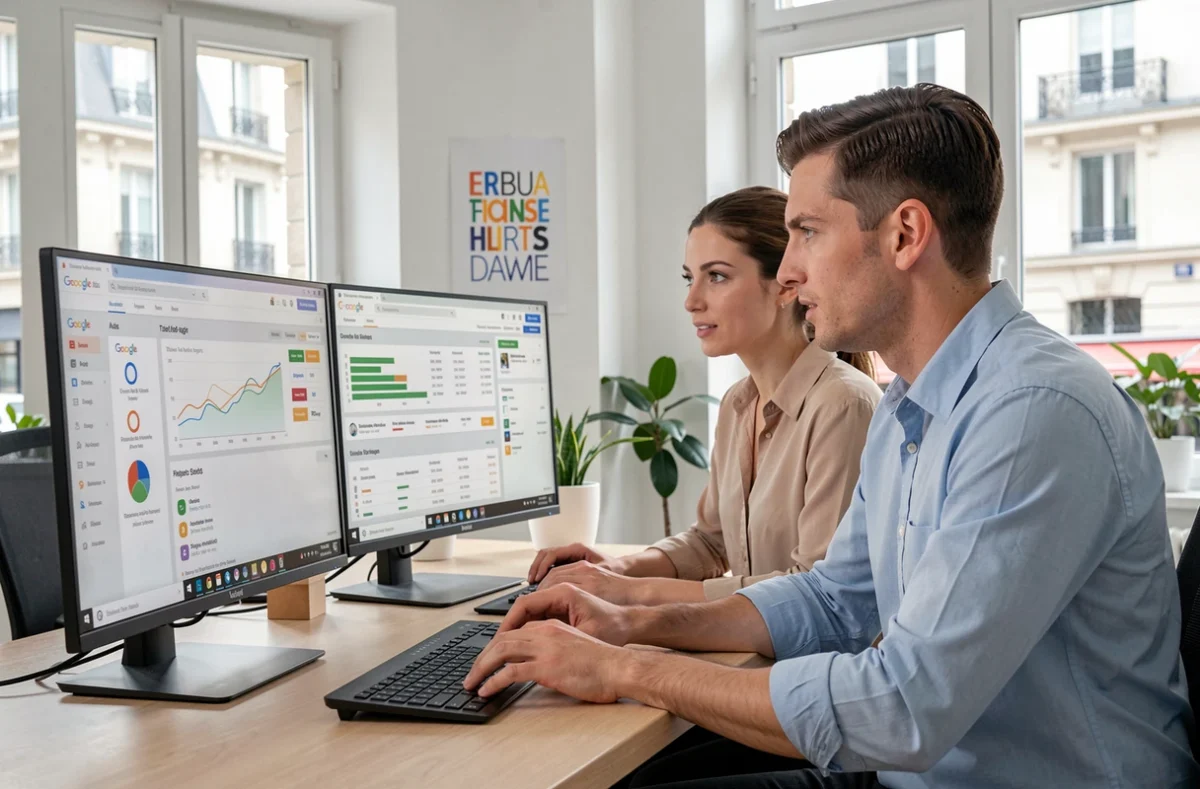 Deux consultants de l'agence Ad's up Consulting collaborant sur des campagnes Google Ads dans un bureau ouvert et lumineux