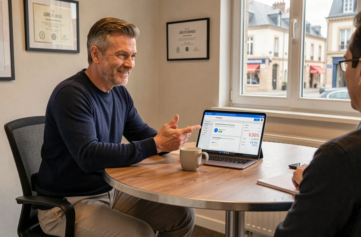 Consultant de l'agence Agoranet présentant une proposition Google Ads à un client lors d'une réunion professionnelle