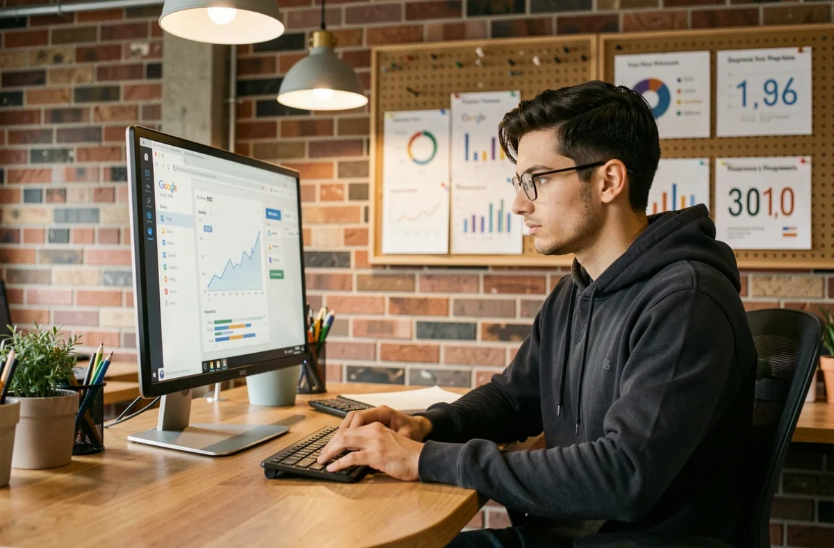 Spécialiste en marketing de performance de l'agence Junto analysant un rapport Google Ads dans un espace de travail tendance