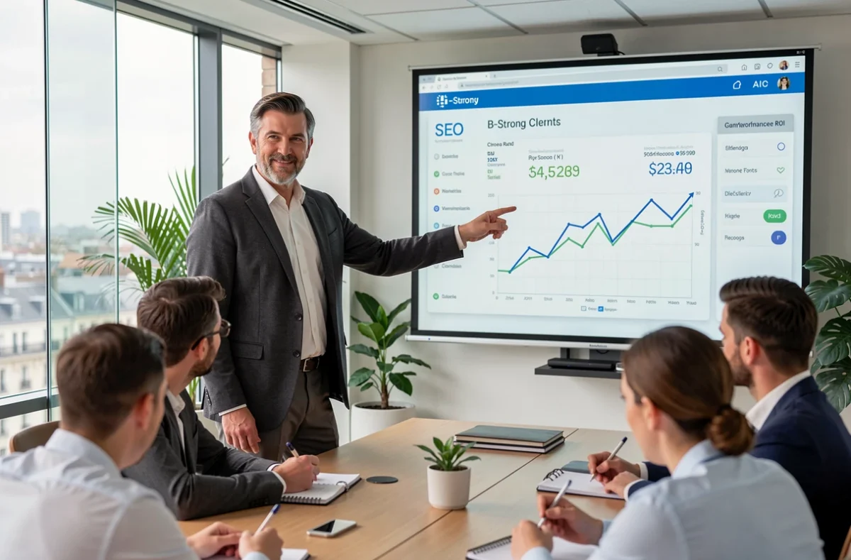 Directeur de l'agence B-Strong présentant des résultats de performance SEO à son équipe dans une salle de réunion moderne
