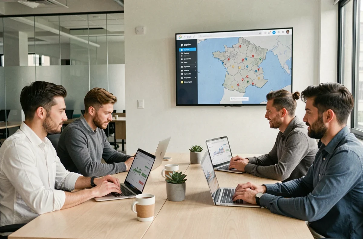 Équipe de l'agence Digitaleo analysant des données de référencement local sur des tableaux de bord numériques dans un open space moderne