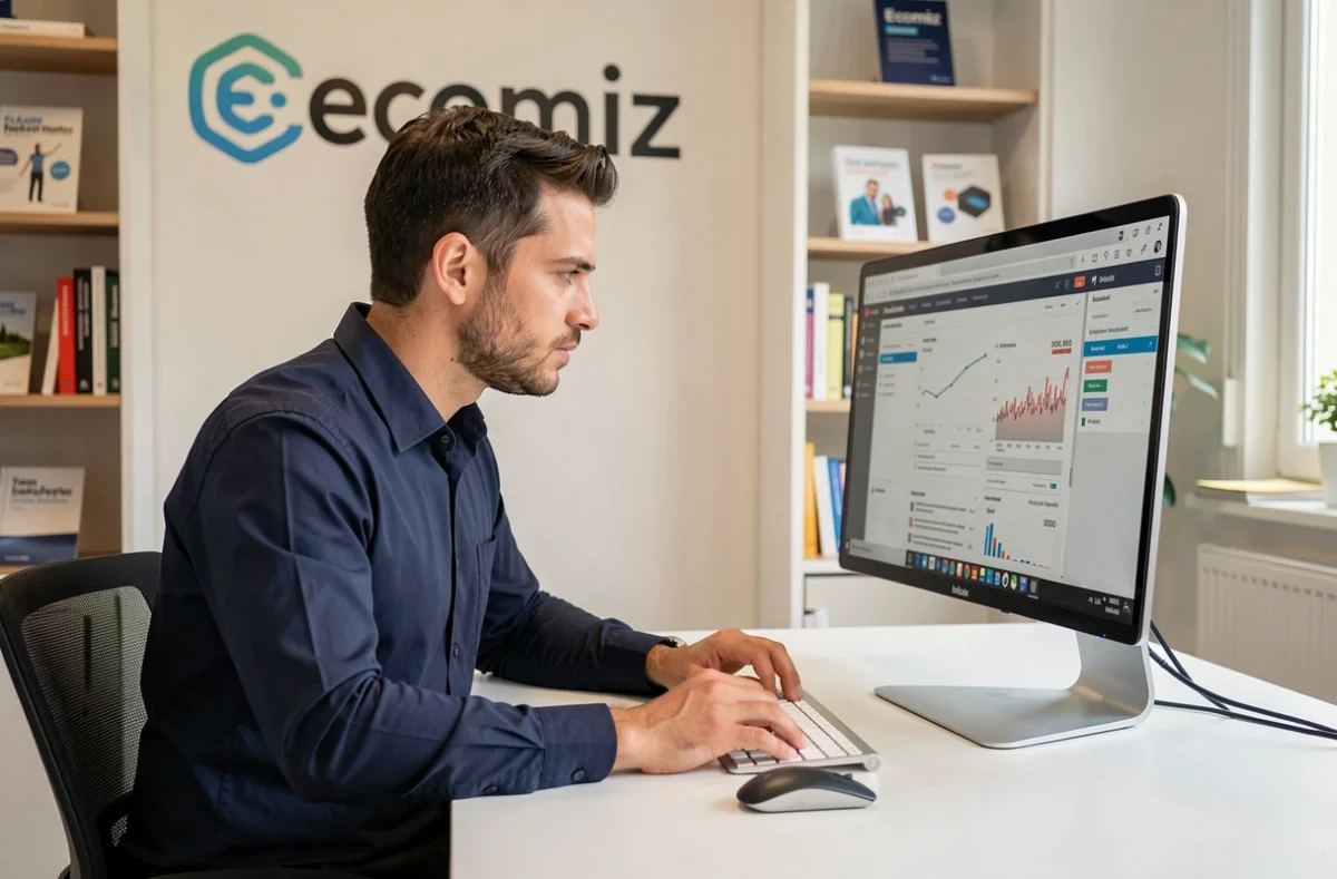 Consultant SEO de l'agence Ecomiz analysant un rapport d'audit de référencement sur son écran dans un bureau moderne