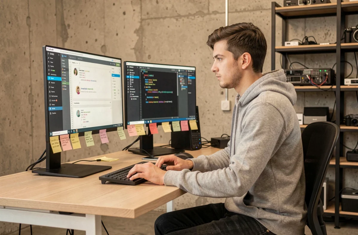 Développeur web de l'agence Foreachcode travaillant sur du code et des outils SEO dans un espace de travail créatif et industriel