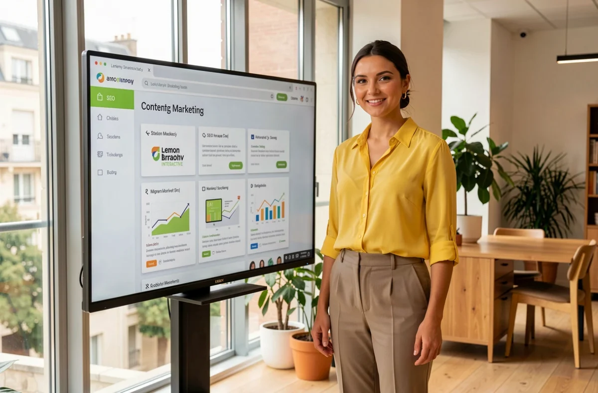 Chef de projet de l'agence Lemon Interactive présentant une campagne de marketing digital sur un écran interactif dans un bureau lumineux
