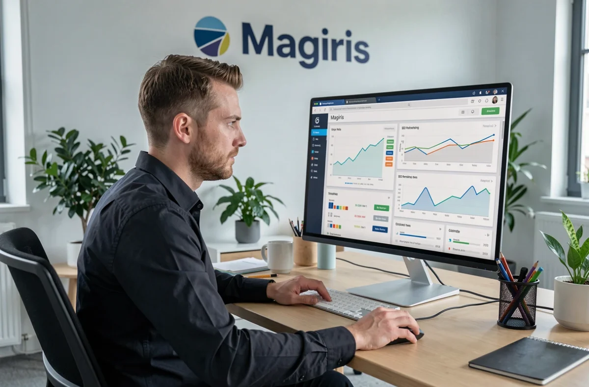 Stratège digital de l'agence Magiris analysant un tableau de bord de performance SEO sur grand écran dans un bureau moderne en Normandie