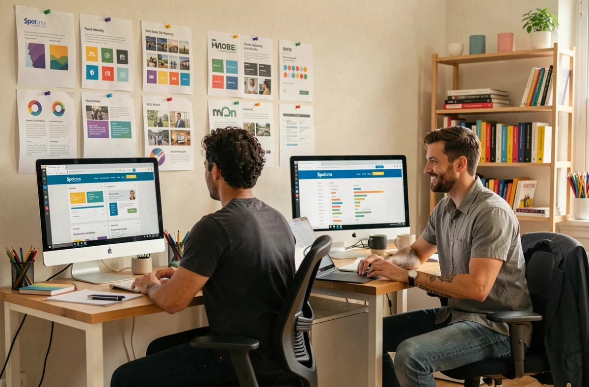 Équipe créative de l'agence Spotcrea travaillant sur des projets de design web et de référencement naturel dans un studio en Normandie