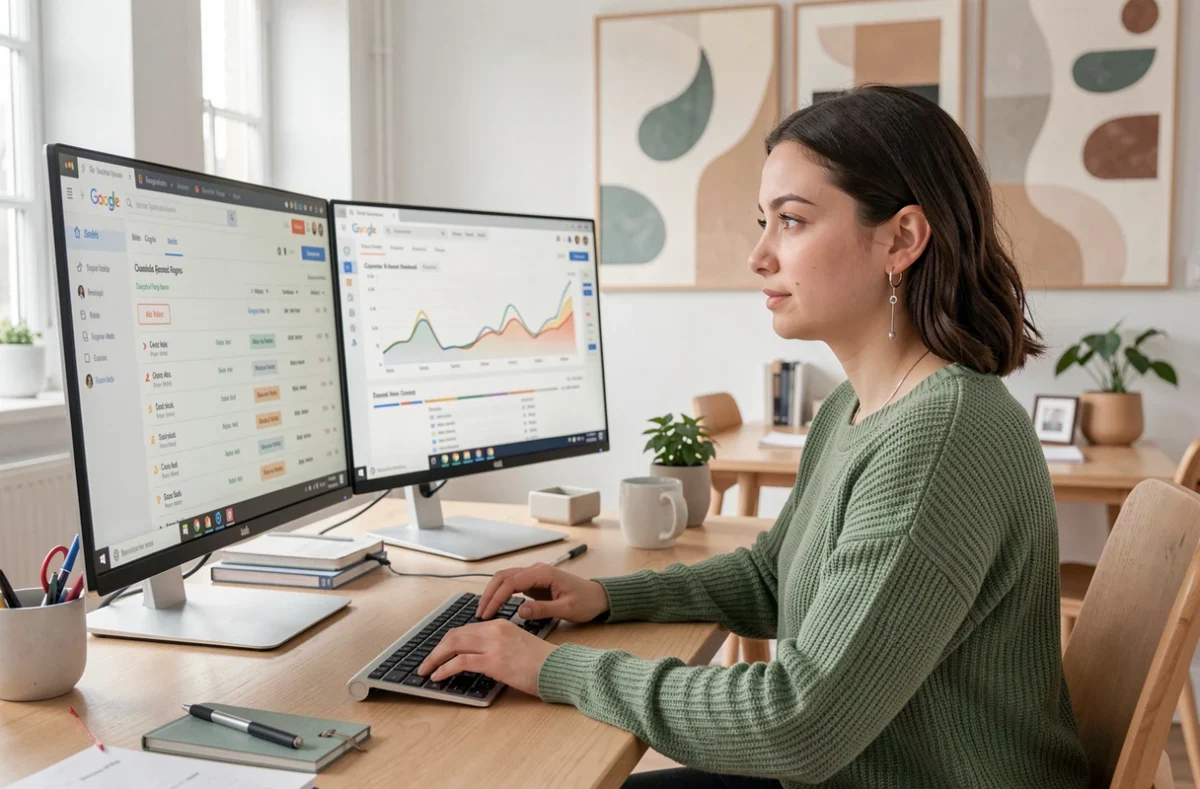Analyste data de l'agence Staenk travaillant sur des enchères Google Ads et des graphiques de conversion dans un bureau au design scandinave