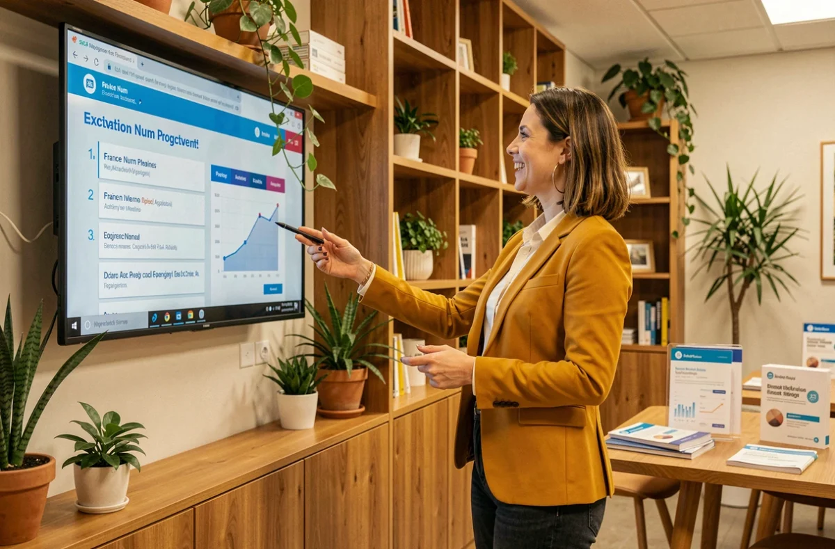 Consultante digitale féminine présentant un programme d'activation France Num dans un espace collaboratif d'agence en PACA avec décorations végétales et supports de marque