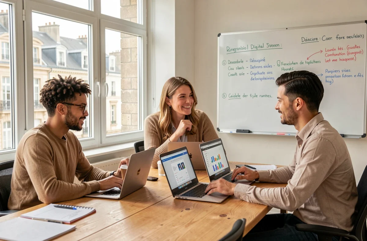 Équipe de l'agence Highfive à Caen collaborant autour d'une table de réunion sur une stratégie de communication digitale