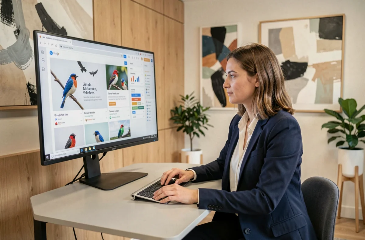Stratège digitale de l'agence WeBird analysant des campagnes Google Ads sur un écran dans un bureau contemporain à Nantes