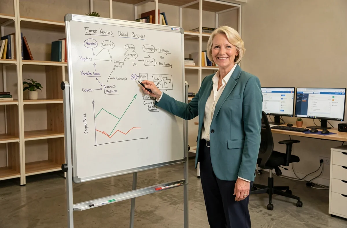 Experte en référencement payant de l'agence Yumens expliquant une stratégie Google Ads devant un tableau blanc dans un studio professionnel