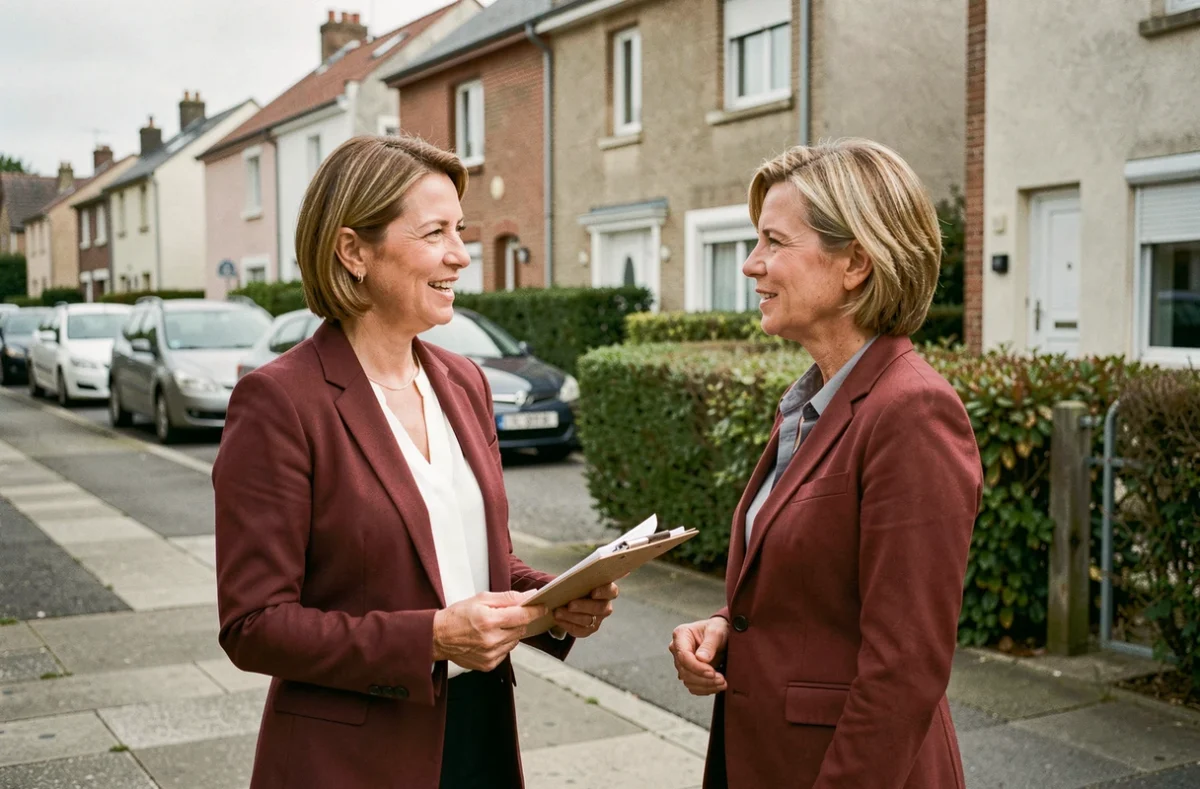 Agente d'assurance Franciliane en discussion avec un propriétaire dans un quartier pavillonnaire d'Île-de-France