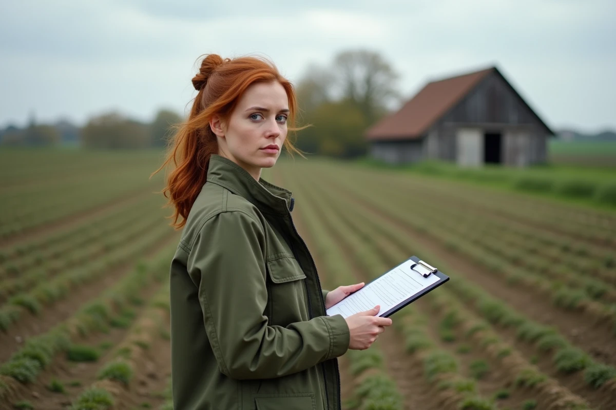 Une agricultrice examine des documents de cotisation sociale dans un champ rural en France