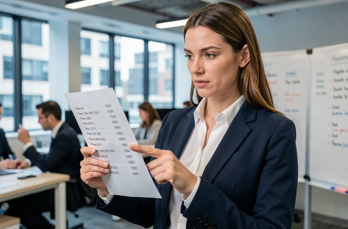 Professionnelle analysant une liste de numéros de téléphone dans un bureau en open space
