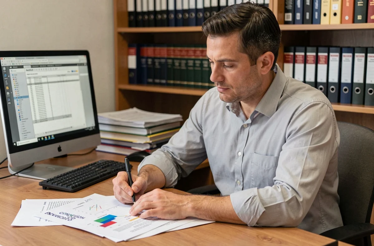 Homme en chemise grise analysant les grilles de la valeur point convention 51 à son bureau pour préparer une négociation salariale