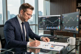 Analyste financier examinant des graphiques et projections financières pour Neos Wave 2026 dans un bureau moderne