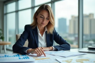 Analyste économique féminine étudiant des indicateurs territoriaux sur des graphiques imprimés dans un bureau moderne