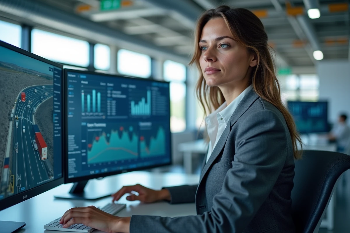 Analyste supply chain travaillant sur des tableaux de bord logistiques en temps réel dans un bureau moderne avec vue sur entrepôt