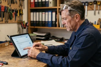 Artisan du bâtiment consultant des demandes de devis en ligne sur une tablette dans son bureau d'atelier