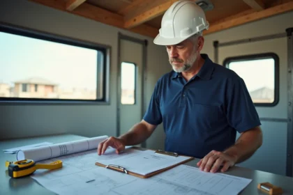 Artisan BTP en casque blanc consultant des plans de chantier et une checklist pour préparer un devis de construction
