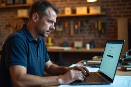 Artisan masculin se connectant à son compte en ligne sur un ordinateur portable dans un atelier professionnel
