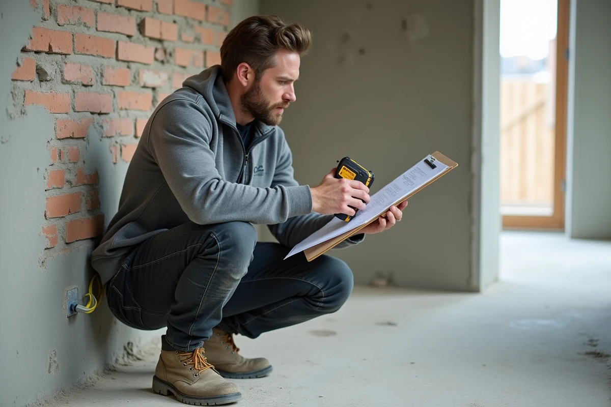 Artisan en rénovation prenant des mesures précises dans un chantier intérieur pour préparer un devis BTP détaillé
