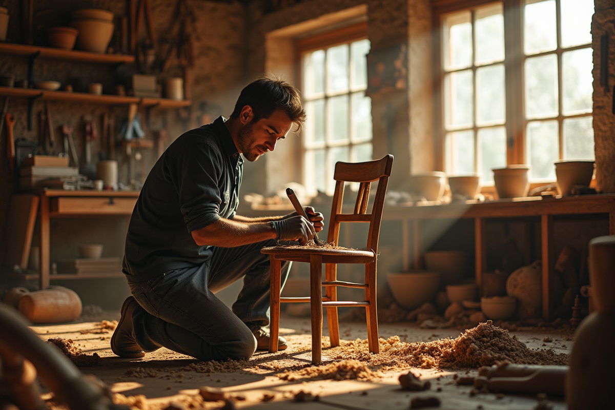 Artisan réparant une chaise en bois dans un atelier écologique