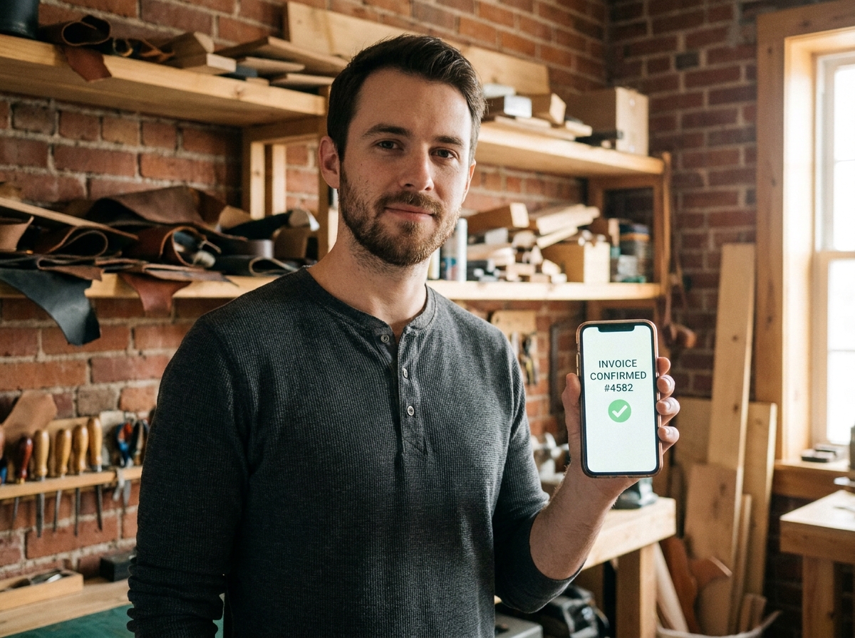Artisan de TPE consultant une facture dématérialisée sur smartphone dans son atelier