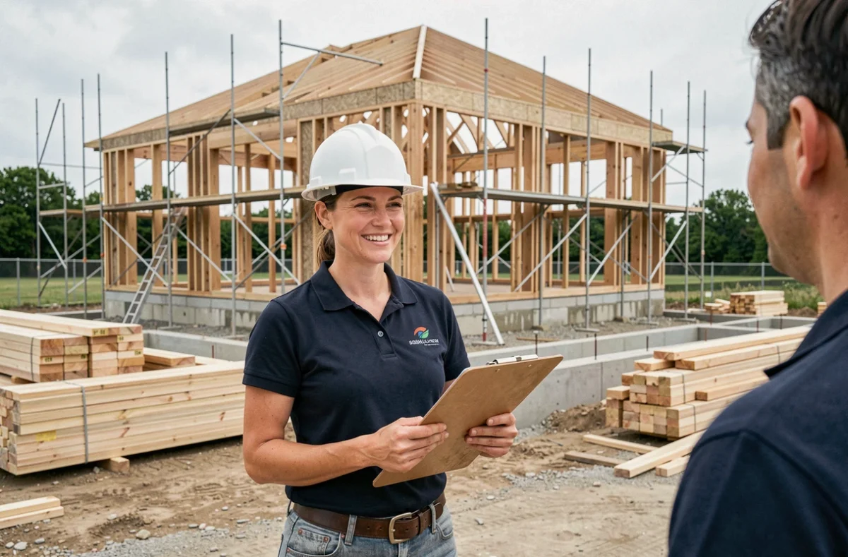 Artisane du bâtiment sur un chantier résidentiel tenant un devis papier et souriant à un client