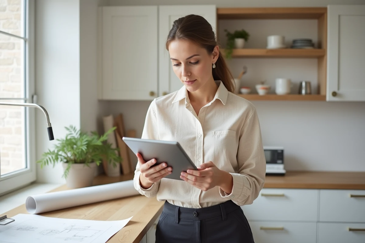 Artisane consultant son espace personnel sur une tablette depuis son domicile professionnel