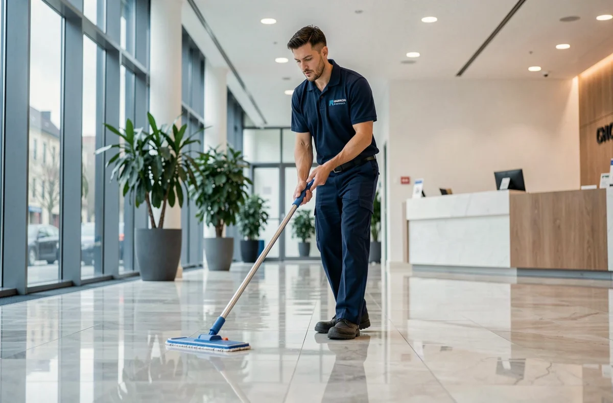 Technicien ASR Nettoyage en uniforme nettoyant le sol d'un hall d'entreprise à Metz