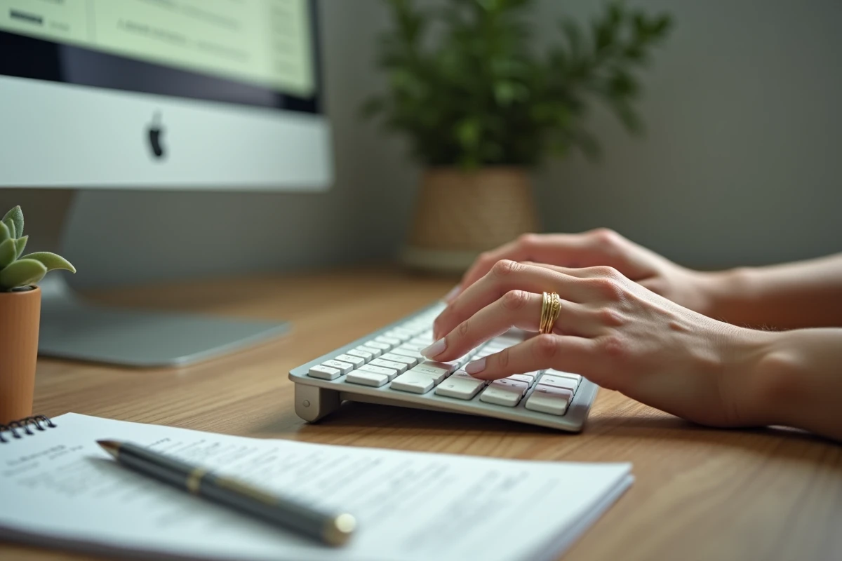 Mains d'une assistante juridique à distance tapant sur un clavier dans un bureau à domicile organisé