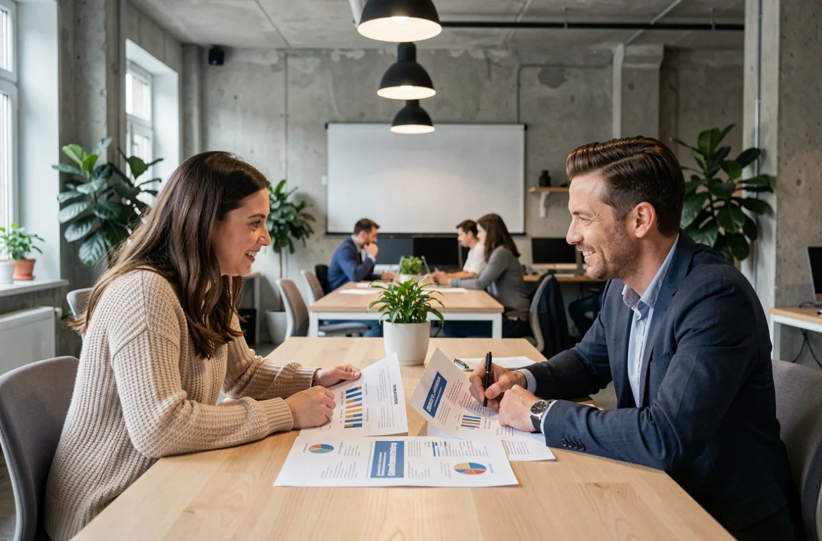 Deux auto-entrepreneurs discutant des avantages de la Def Acre autour de documents imprimés dans un espace de coworking moderne
