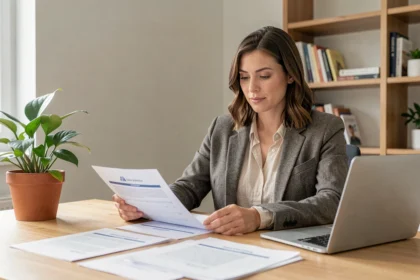 Auto-entrepreneuse consultant des documents administratifs liés à la protection sociale Def Acre dans son bureau à domicile