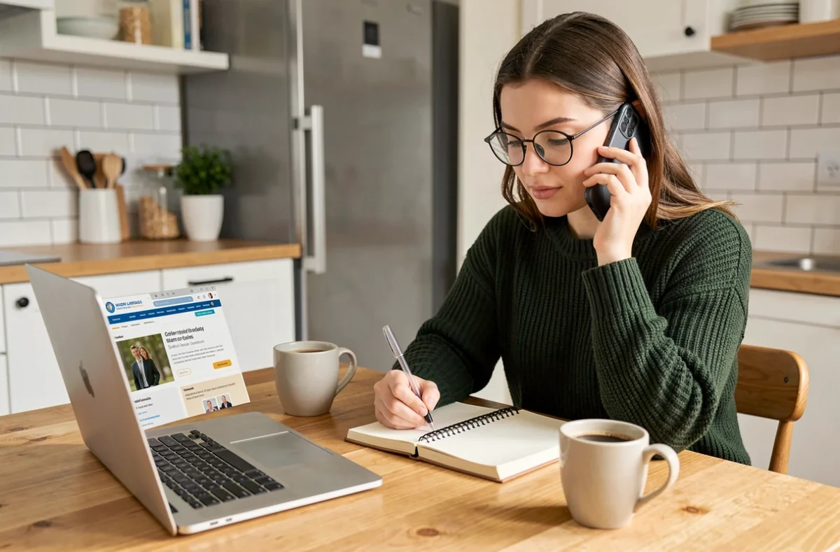 Jeune auto-entrepreneuse au téléphone avec l'Urssaf pour négocier un plan d'échéancier de cotisations depuis chez elle