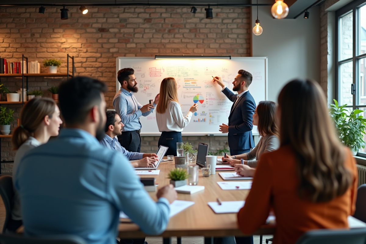 Groupe de professionnels marketing en brainstorming dans un studio créatif