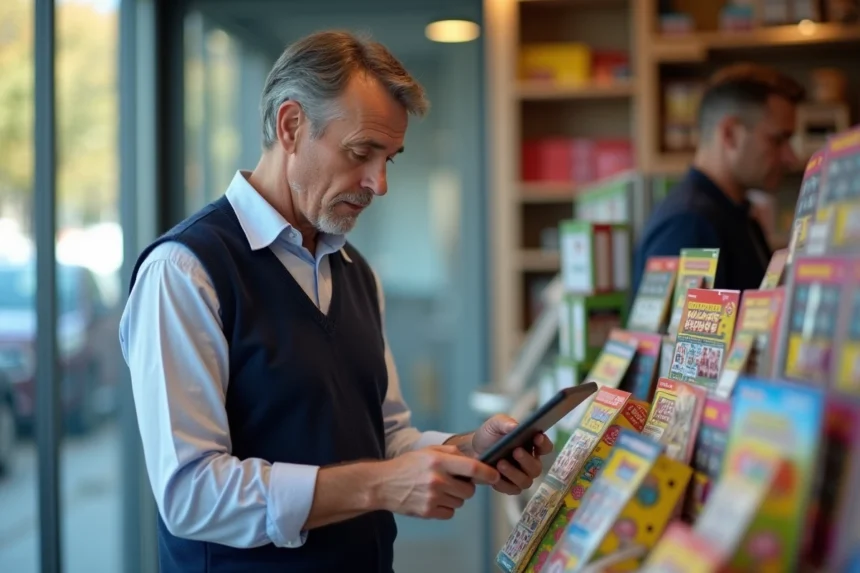 Caissier d'une boutique de loterie utilisant une tablette numérique