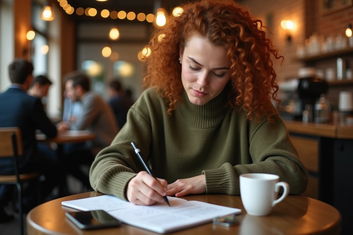 Jeune personne dans un café notant ses heures de travail dans un carnet pour calculer son salaire net avec une application mobile