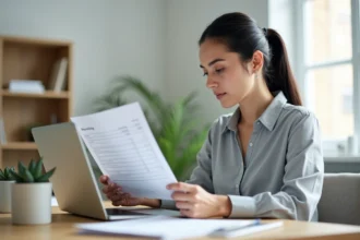 Femme consultant sa fiche de paie et calculant ses heures de travail pour vérifier son salaire net sur un bureau à domicile