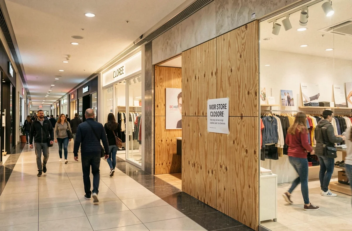 Couloir de centre commercial avec une boutique condamnée par des panneaux de bois face aux autres enseignes ouvertes
