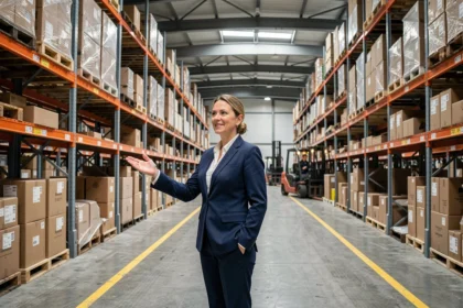 Responsable logistique internationale dans un grand entrepôt de distribution centrale avec rangées de palettes organisées