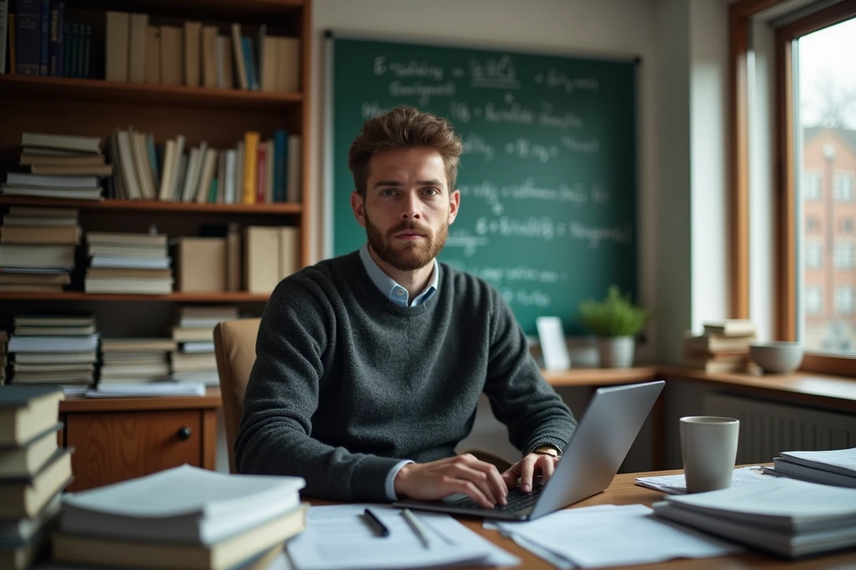 Chercheur CNRS en début de carrière travaillant dans un bureau universitaire entouré de livres et de documents de recherche