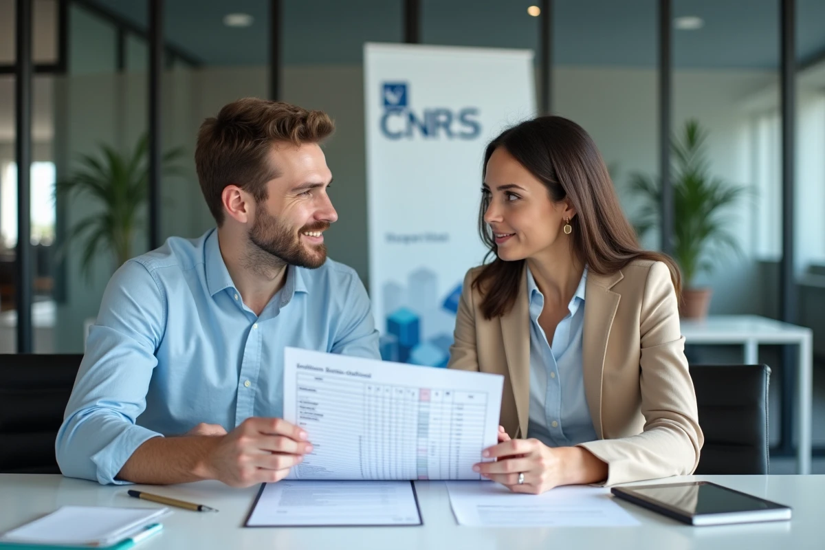 Deux jeunes chercheurs CNRS discutant d'une grille salariale et d'un contrat de recrutement dans un bureau institutionnel